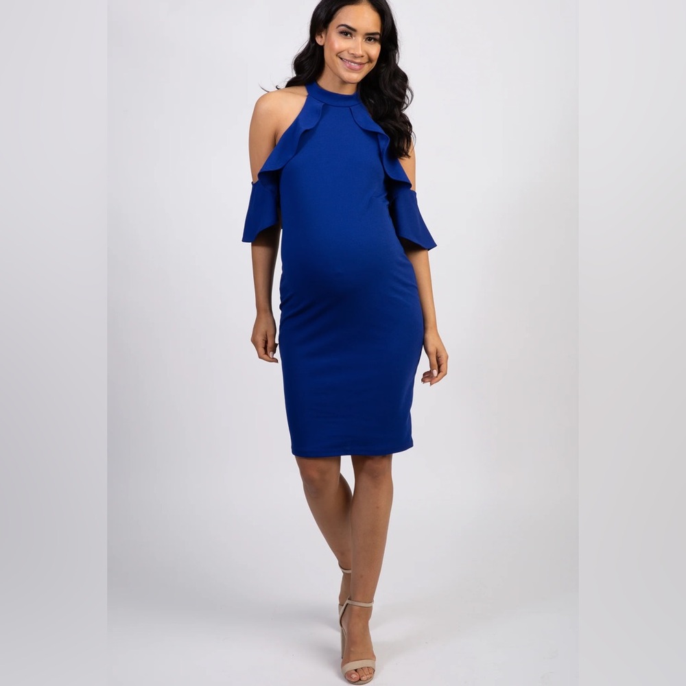 PinkBlush Royal Blue Mock Neck Ruffle Trim Fitted Maternity Dress